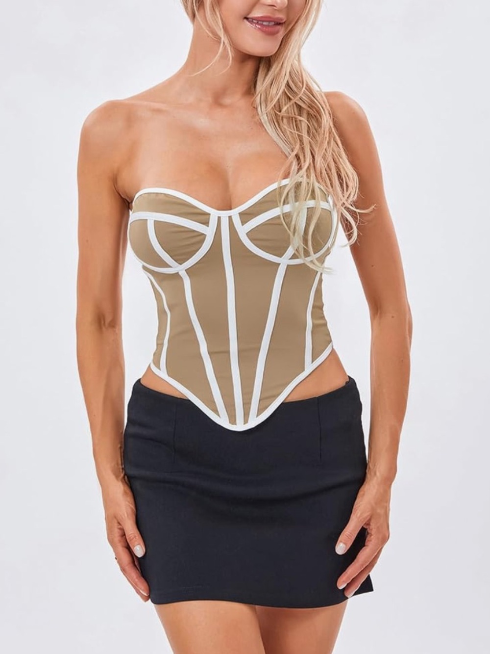 Strapless Corset Crop Top in Taupe with White Trim